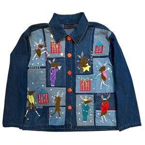 New Directions Christmas Reindeer Denim Top Vintage XL